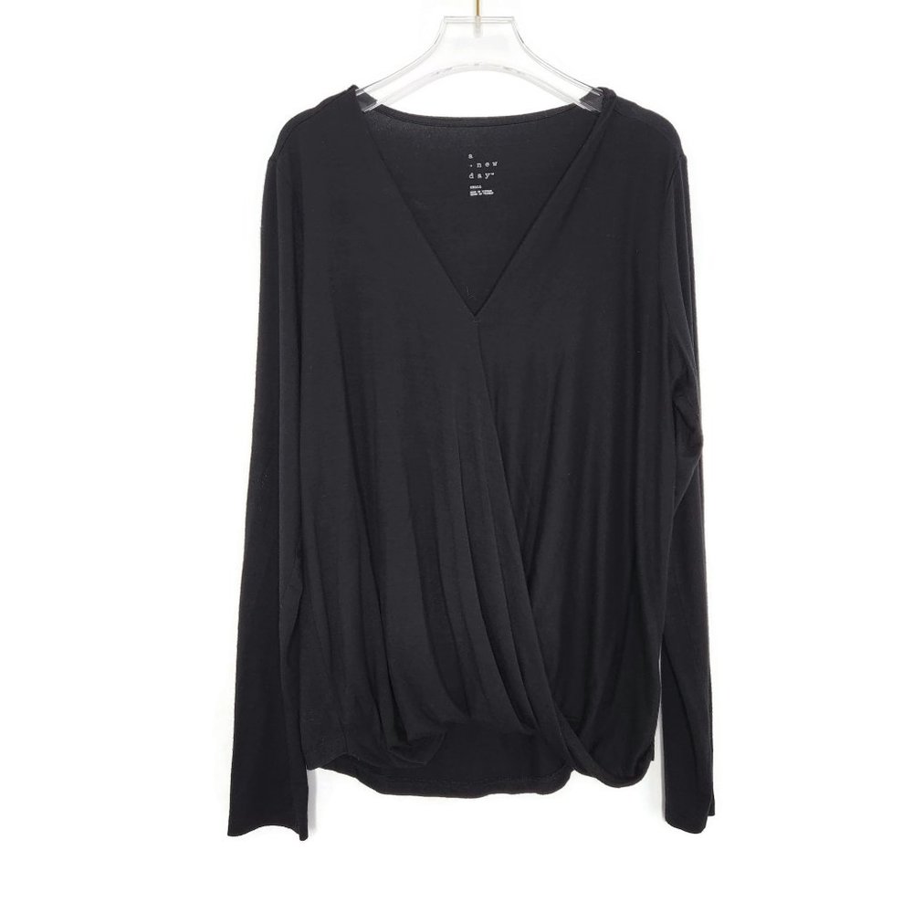 A New Day Cross Front Top Small Black Long Sleeve Smooth V Neck Blouse